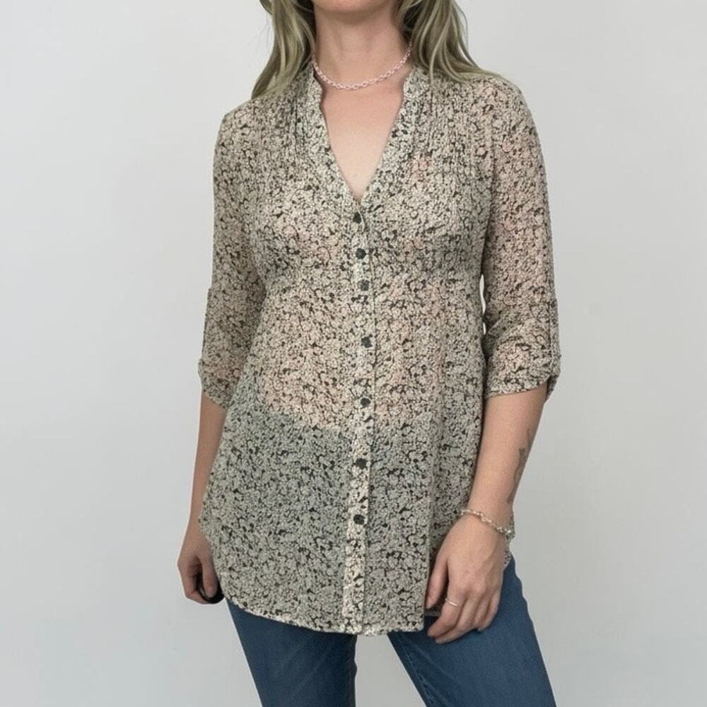 Forever 21 Sheer Floral Tie Back Button Down Blouse